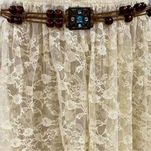 Brown Beaded Macrame Antique Brass Blue Crystal Fringe Belt NWT